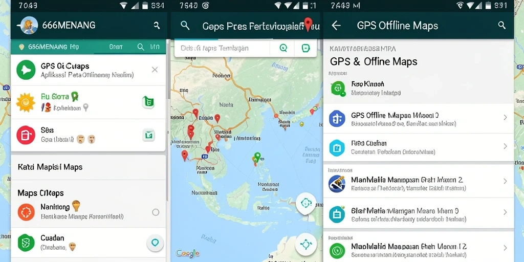 Antarmuka aplikasi 666MENANG dengan fungsi GPS Offline Maps.