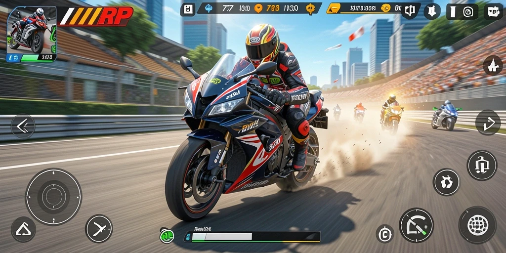 Antarmuka balap motor yang menarik dan penuh warna.