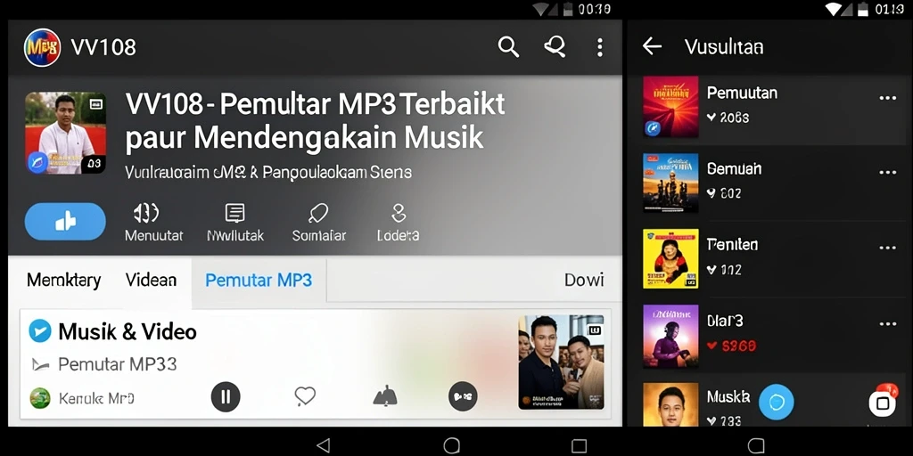 Tampilan antarmuka VW108 yang sederhana dan fungsional untuk memutar MP3.